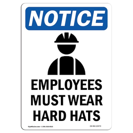 Signmission OSHA Notice Sign, Employees Must Wear Hard Hats With Symbol, 7in X 5in Decal, 5" W, 7" H, Portrait OS-NS-D-57-V-11979